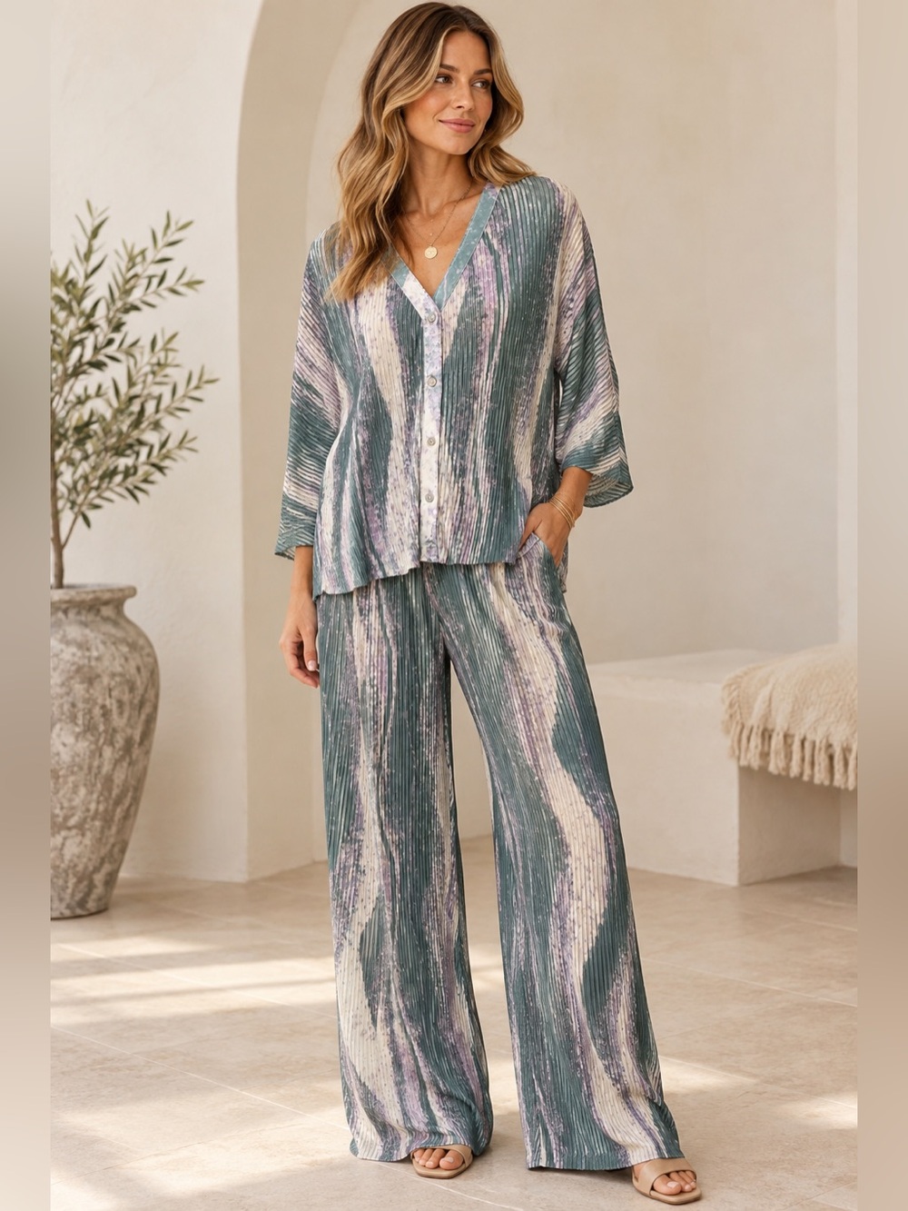 NWT Entro Stream Wave Green Lilac Plisse Pleated Wide Leg Pant Set